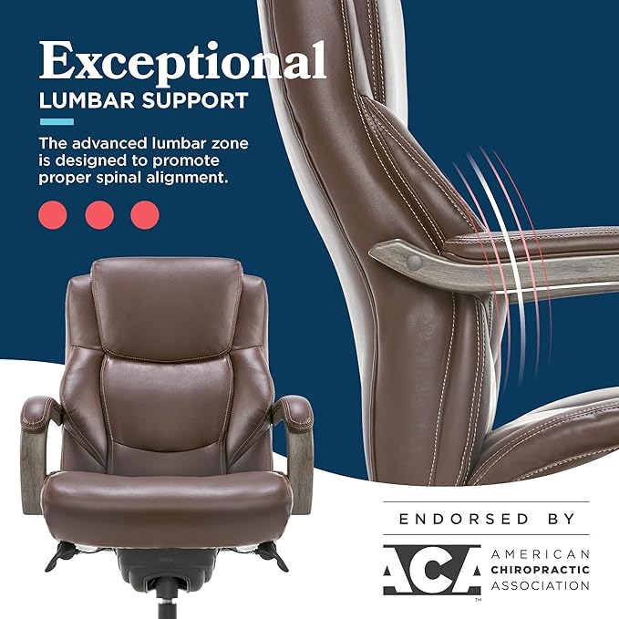 La-Z-Boy Delano Big and Tall Executive Office Chair - Ergonomic Lumbar Support Memory Foam - Bonded Leather Desk Chair for Home Office - Weathered Gray Wood Arms - Brown