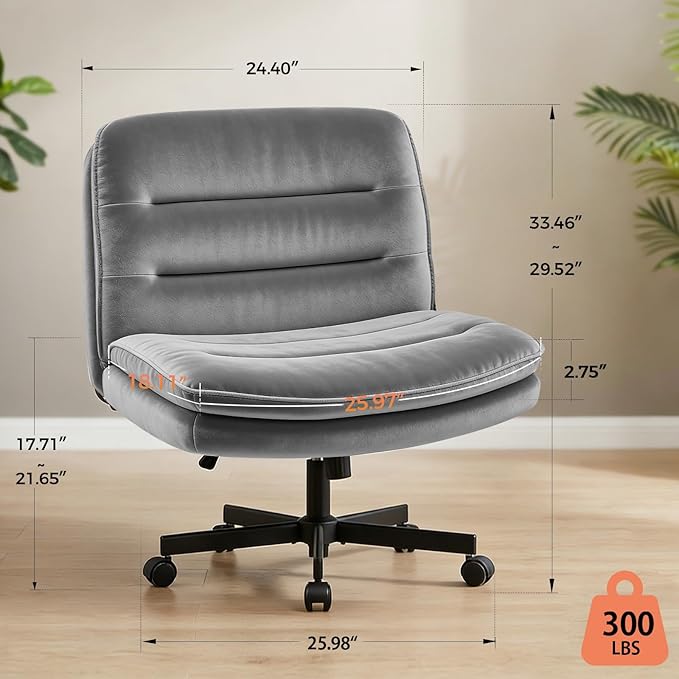 GTPLAYER Cross Legged Office Chair, Armless Desk Chair Cute Vanity Chair with Wheels Computer Chair Comfy Wide Office Chair Adjustable Swivel for Home Computer Task,Velvet Grey