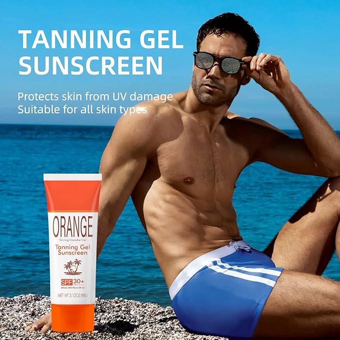 Orange Sun Tanning Gel, Hydrating & Moisturizing Formula with SPF 30 Sunscreen, Fast-Absorbing Tan Accelerator for Faster Darker Tan, Gentle Sun Protection for All Skin Types (1pc, 3.12oz)