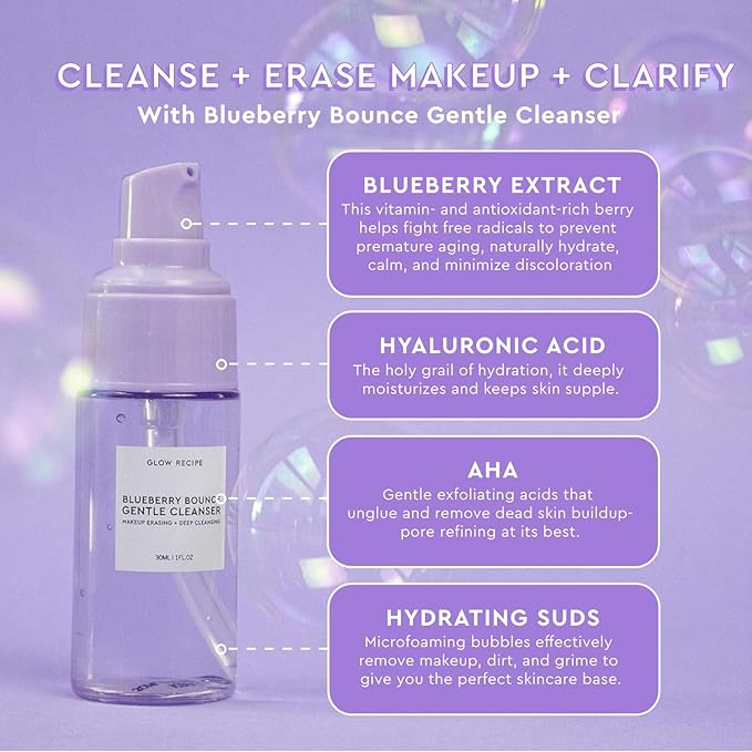 Glow Recipe Watermelon Glow Niacinamide Dew Drops Brightening Serum (40 ml) + PHA + BHA Face Toner (40 ml) + Blueberry Bounce 3-in-1 Foaming Double Cleanser, Makeup Remover & Clarifying Mask (30 ml)
