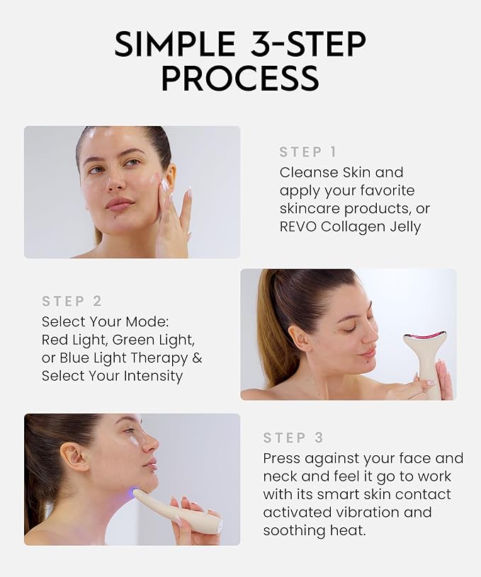 REVO Genie | 3-in-1 Face & Neck Beauty Massager with Heat, 3 Light Therapies, Smart Vibration | Red Light, Blue Light, Green Light Therapy for Smooth Glowing Skin
