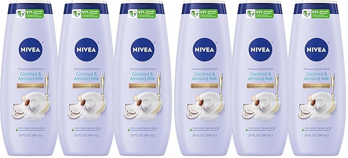 NIVEA Pampering Coconut and Almond Milk Body Wash with Nourishing Serum,Moisturizing Body Wash for Women,Enriched with Provitamin B5 and Vitamin E,20 Fl Oz Bottle,(Pack of 6)