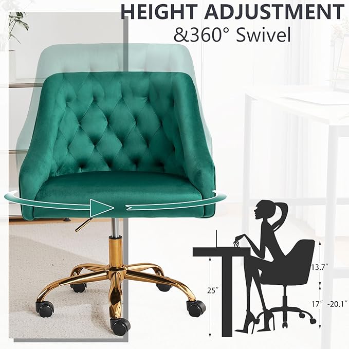MOJAY Velvet Office Swivel Chair, Vanity Fabric Desk Pretty Fancy Gold Office Chairs for Girls, 360°Swivel Height Adjustable Reception Chair (Green)