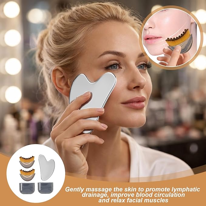 2 Pcs Lymphatic Contour Face Brush,Face For Lymphatic Drainage,Drainage Brush With 1pc Stainless Steel Gua Sha Tool For Jawline Sculpting Puffiness Lifting Relaxation With Storage Case