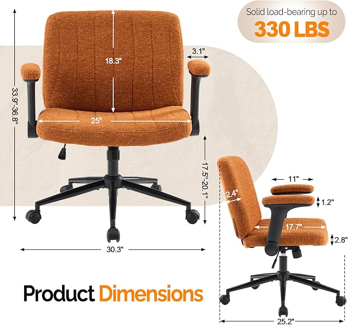 VINGLI Criss Cross Chair with Adjustable Flip-Up Arms,Cross Legged Chair with Wheels,Extra Wide Office Chair,Desk Chair for Home Office,Vanity,Bedroom, Apartment,Starry Chenille,Burnt Orange