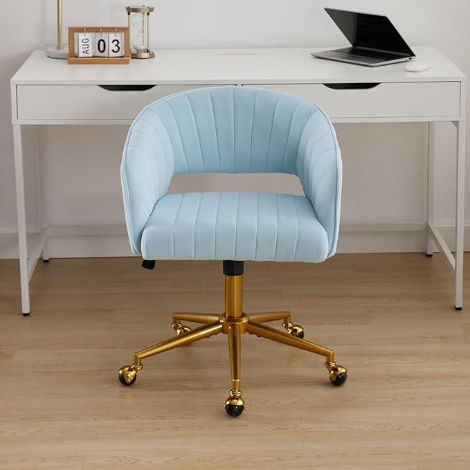 Westice Home Office Desk Chairs, Modern Velvet Rolling Chair, Height Adjustable Swivel Vanity Chair with Golden Base, Ergonomic Chair for Study, Living Room Computer Room, Light Blue