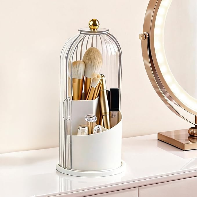 360° Rotating Makeup Brush Holder with Lid, Waterproof Three-Compartment Makeup Organizer, 180° Side-Pull Door Desk Organizer, Dustproof Brush Holder for Vanity and Bathroom (Transparent)