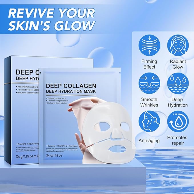 Collagen Face Mask,Collagen Real Deep Mask,Collagen Mask,Deep Hydrating Anti Wrinkle Lifting M-ask,Hydrogel M-asks for All Skin Types 34g*4ea