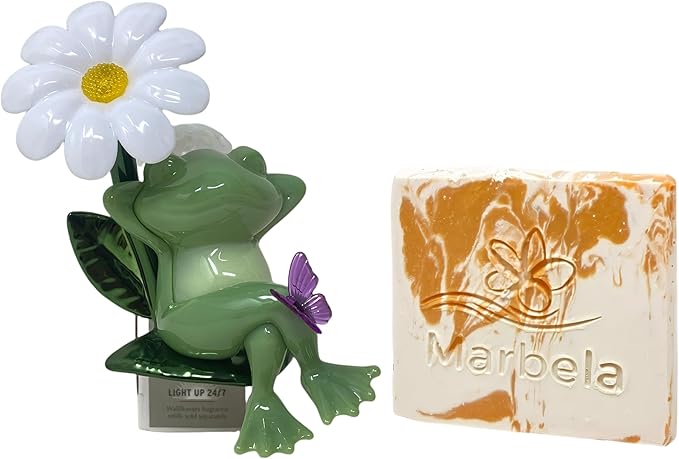 Bath & Body Works Frog with Flower Scent Control Nightlight Wallflowers Fragrance Plug with a Peach Gardenia Sample Soap