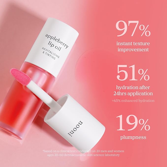 NOONI Korean Lip Oil - Appleberry | Long-Lasting, Moisturizing, Plumping, Revitalizing for Dry Lips, Waterproof, No Peel Off, Hydrating Nourishing Crystal Clear Lip Stain, Stocking Stuffers 0.12 FL Oz