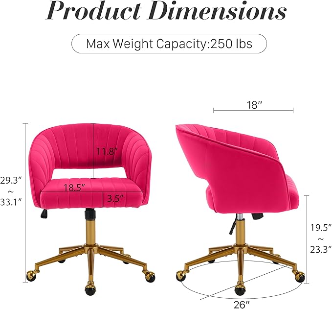 Home Office Swivel Desk Chair, Modern Velvet Vanity Chair, Height Adjustable Armchair with Gold Base, Ergonomic Office Chair for Task Study Computer Room, Hot Pink