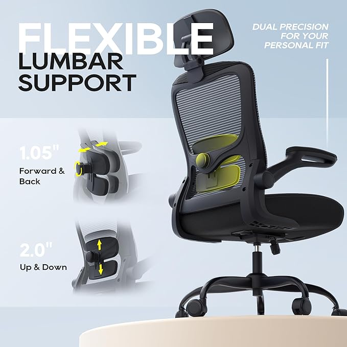 Ergonomic Office Chair, High Back Mesh Desk Chair with Adjustable Lumbar Support & Headrest, Flip-up Armrest, Computer Task Chairs for Home and Executive Office (B-Black)