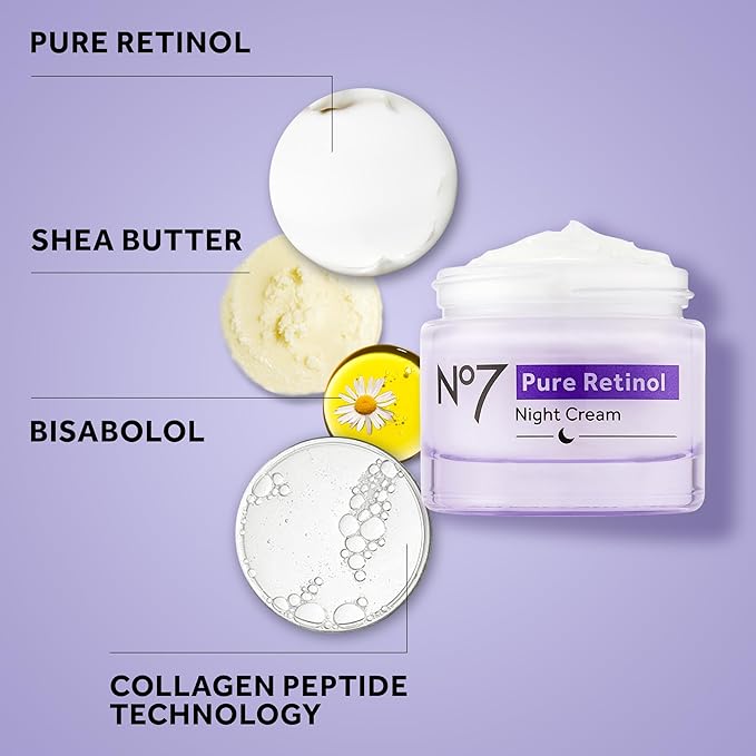 No7 Pure Retinol Night Cream - Collagen-Boosting Retinol Cream that Visibly Smoothes, Plumps & Firms Complexion - Dermatologist Approved & Fragrance-Free (1.69 Fl Oz) (Pack of 2)