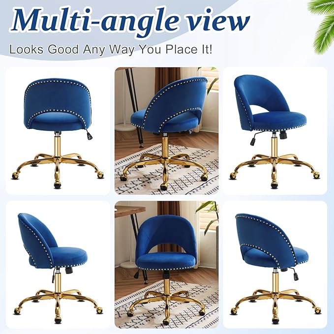 VINGLI Modern Velvet Small Office Chair,Cute Desk Chair with Wheels,Gold Base/Studs, Comfy Armless Swivel Vanity Task Chair for Women/Girl/Kids, Nail Tech Chair for Bedroom,Small Space,Navy Blue