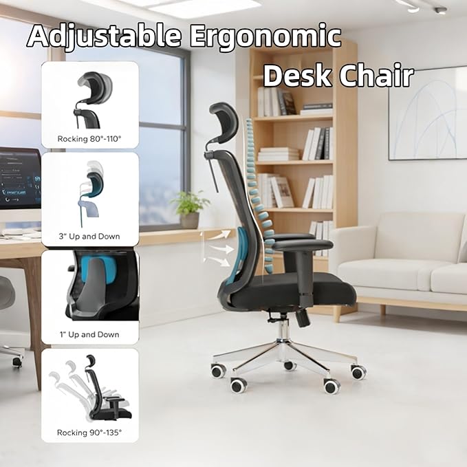 Monhey Ergonomic Office Chair, 90°-125° Tilt Back Home Desk Chair with 360° Swivel & Mute Wheels, High Back Mesh Computer Chair for Adults with Lumbar Support, 330 LBS Capacity (08All Black)