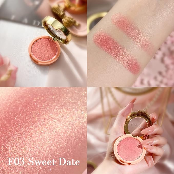 Oulac Luminous Blush Makeup Glow Coral Gold|Subtle Shimmery Creamy Powdery Blush Highlighter Cheek| Pigmented&Blendable | Light to Medium Skin Tone| Vegan & Cruelty-Free| 4.8g F03