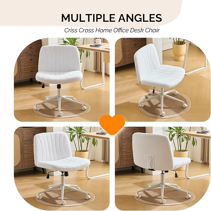 VINGLI Criss Cross Legged Chair,Wide Comfy Office Desk Chair,Dual-Use with/no Wheels Computer Task Chair,Swivel Armless Vanity Boucle Chair for Study,Make Up,Home Office,Teddy Fleece,White