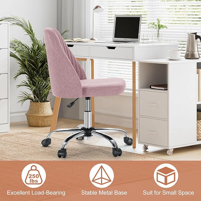 DUMOS Office Desk Chair, Modern Cute Rolling Vanity Swivel Task Seating with Wheels, Comfortable Back Seat Armless for Home, Bedrooms, Study, Student, Adults, Make-Up, Dressing Room Dusty Rose