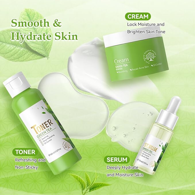 Green Tea Skin Care Set, Green Tea Skin Care for Teens 10-12, Gentle Moisturizing Face Care Kit with Cleanser, Toner, Serum, Eye Cream & Cream, Travel Size Facial Kit for Women Girls