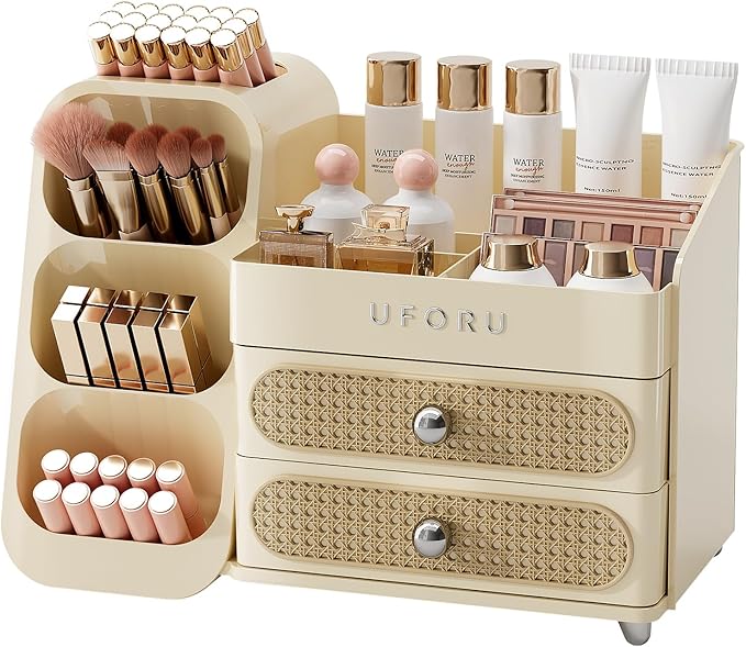 Makeup Organizer for Vanity with Brush Holder, Countertop Skincare Organizer with 2 Drawers, Spacious Cosmetic Display Case for Perfumes, Eyeshadow Palettes, Nail Polishes