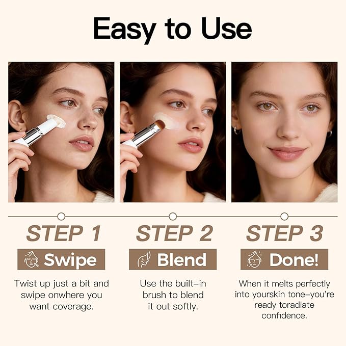 Color Changing Foundation Stick- Korean Color-Changing Foundation Stick with Volufiline - Medium to Full Coverage Dewy Finish Base Makeup - Dual-Ended with soft brush - Ivory White