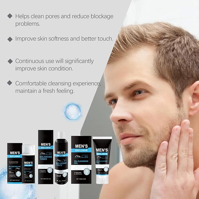 Men's Facial Care Kit with Cleansing Gel, Misturizing Toner, and Oil Control Gel- with Hydrating Formula, All Skin Types Daily Face Routine, Perfect Gifts for Dad Him Husband Boyfriend, Birthday Gift