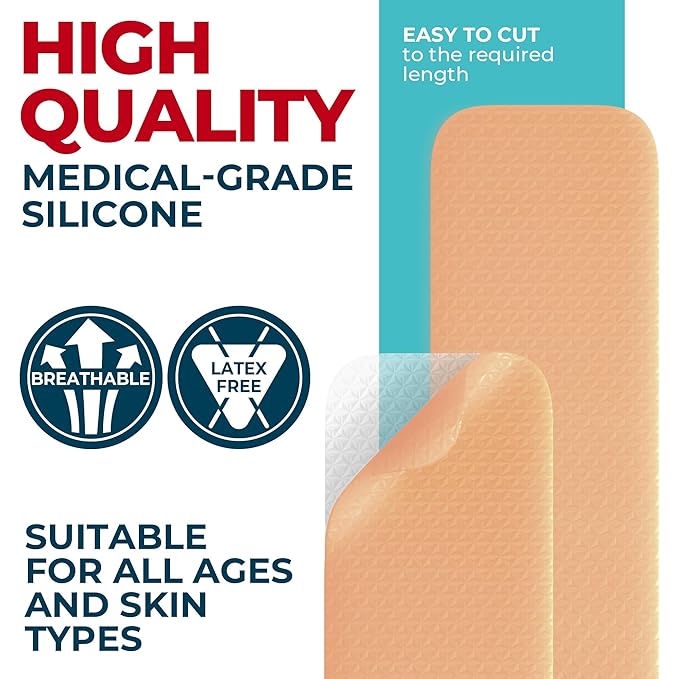 Medical Grade Silicone Scar Sheets - 4pk (5.7”x1.6”) - Visible Difference on Surgical & Keloid Scars - Reusable C-Section Scar Silicone Strips - Easy to Use Silicone Sheets for Scars