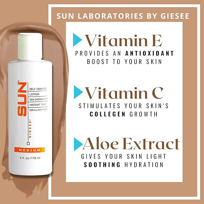 Sun Laboratories By Giesee Tan Overnight Sunless Tanning Lotion 4 oz with Tanning Mitt - Natural Self Tanner, Pregnancy Safe, Organic Sunless Tanner Kit, Extra Dark Self Tanner with Self Tanning Mitt
