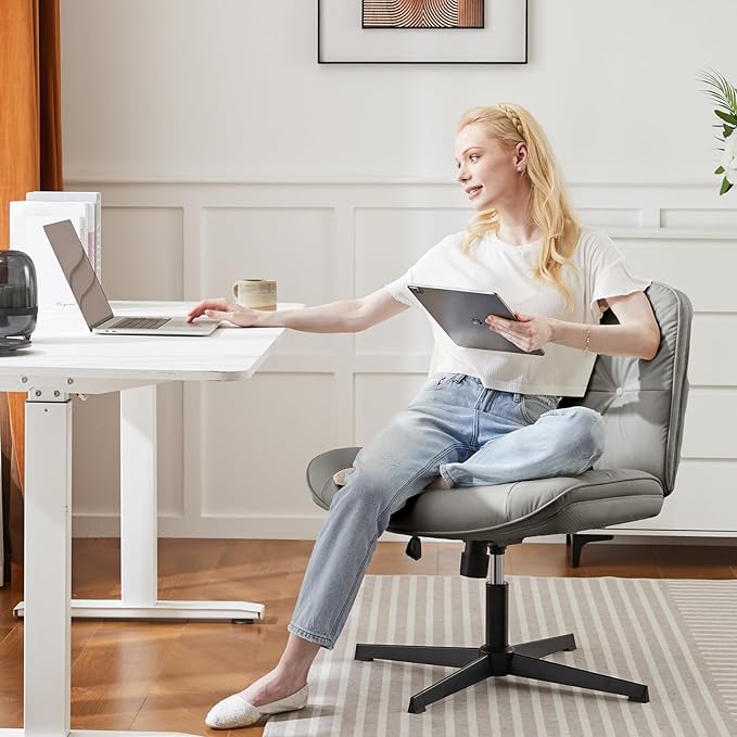 OLIXIS Criss Cross Chair Without Wheels, Cross Legged Office Chair, Armless Wide Vanity Desk Chair with Comfy PU Leather& Back - Swivel for Home Office Bedroom, Gray