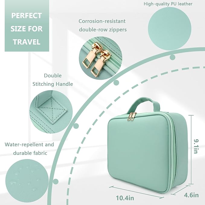 Makeup Bag with Led Mirror,Large Vanity Makeup Cases with 3 Color Setting,Portable Storage and Adjustable Dividers,for Women and Makeup Artists Cosmetic Organizer Travel Makeup Bag-Light Green