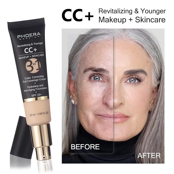 PHOERA CC+ Cream Color Correcting Anti Aging Hydrating Serum & SPF 25+, PHOERA Primer, Makeup Foundation, Kabuki Makeup Brushes Foundation Brush (107 Honey + 200 Mocha CC Cream)