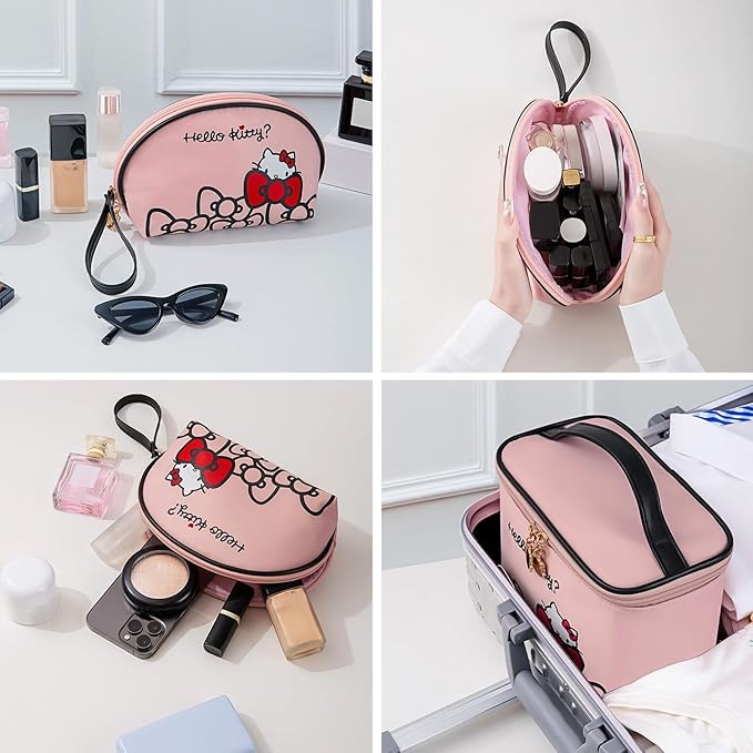 AmBealla Travel Makeup Bag Large Cosmetic Bags with Brush Holder,Pink Waterproof 2PCS Portable Cosmetic Case for Women,Toiletry Storage Bag for Skincare&Beauty Tools for Girls
