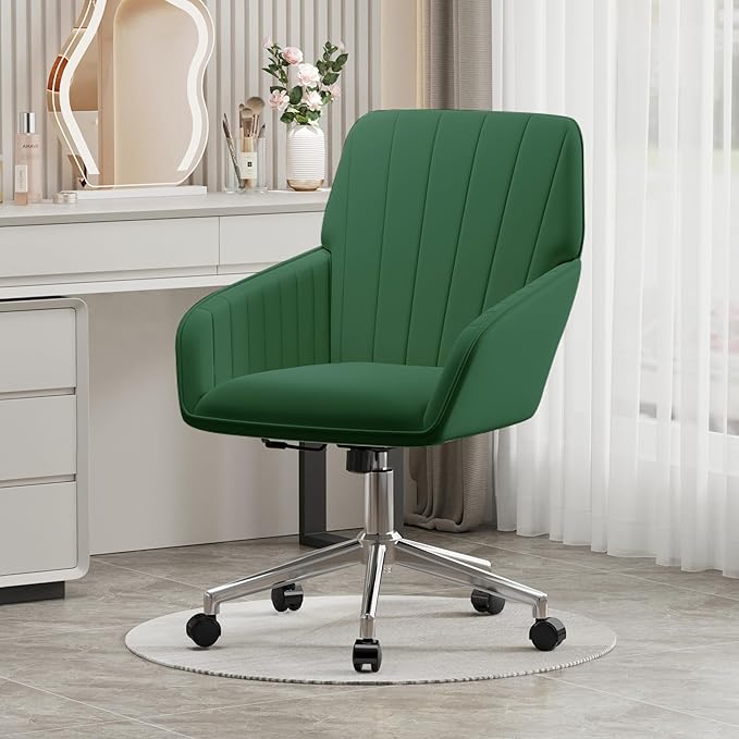 YISHENG Velvet Office Desk Chair with Silver Base, with Wheels,Modern Height Adjustable 360 Degree Swivel Upholstered Vanity Chairs with Arms for Living Room Bedroom,Green