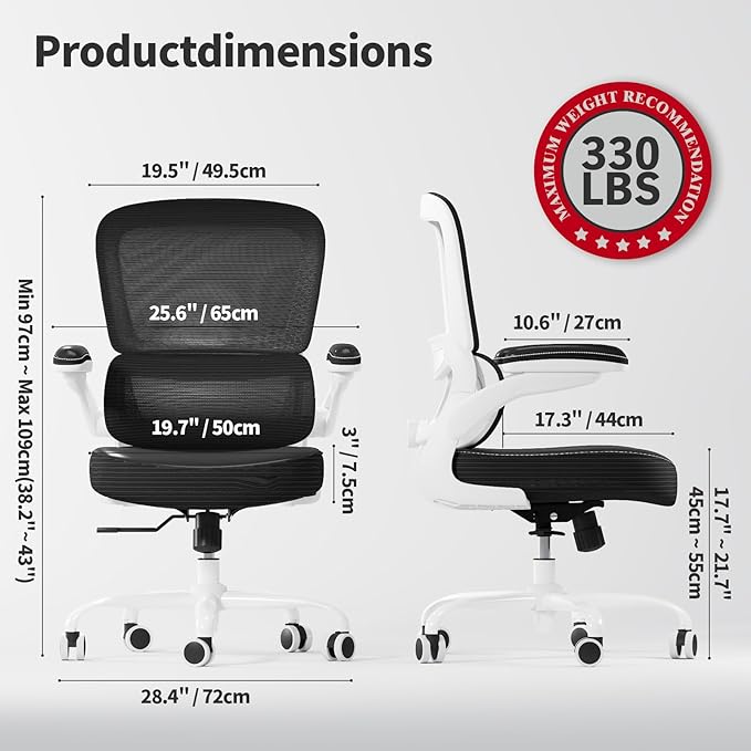 TRALT Ergonomic Office Chair - Desk Chair with Adjustable Lumbar Support Computer Chair - Mesh Comfy Chair with Flip-up Armrests - Gaming Chairs for Adults Home Office (PU Leather, Black White)