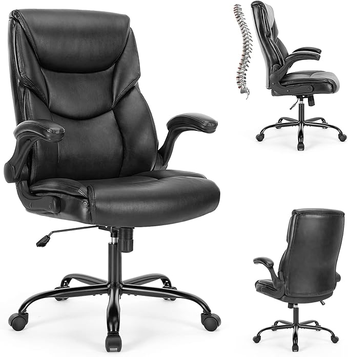 DUMOS PU Leather Office Chair - Ergonomic Executive Computer Desk Chairs with Adjustable Flip-up Armrest, Swivel Task Chair with Lumbar Support, Strong Metal Base,Inky