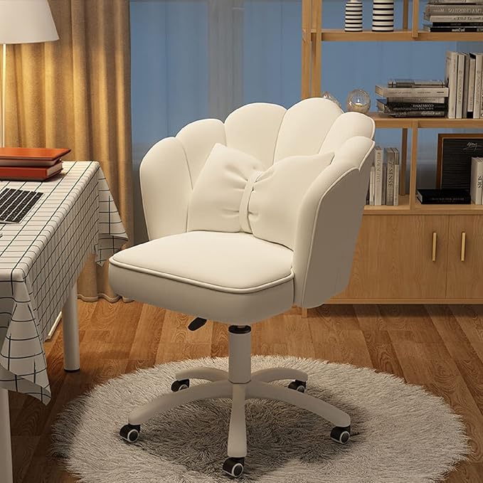 Petal Desk Chair with Bow Cushion Velvet Vanity Chair with Wheels, Upholstered Home Office Chair for Girls Women, Mid-Back Swivel Computer Task Chairs for Living Room Bedroom