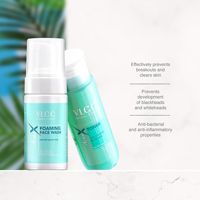 VLCC AcneX Face Wash Plus Toner - Foaming Facial Cleanser with Salicylic Acid - Face Toner with Tea Tree and Witch Hazel - Skincare Set - 2 pc