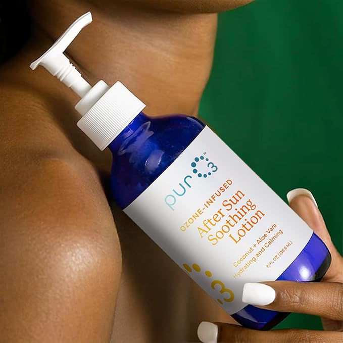 PurO3 Sun Repair Lotion – After Sun Care with Ozonated Coconut Oil & Aloe Vera – Sunburn Relief & Moisturizer for Face & Body – Cool Hydration for Sun-Damaged Skin, 8 Fl Oz Size