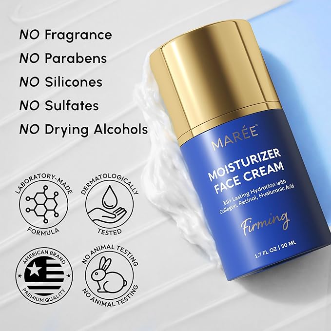 MAREE Face Moisturizer – 24H Hydration Face Cream for Women with Collagen, Retinol & Hyaluronic Acid – Day & Night Anti-Aging Facial Wrinkle DD Cream – Moisturizer for Dry Skin – Crema Para la Cara