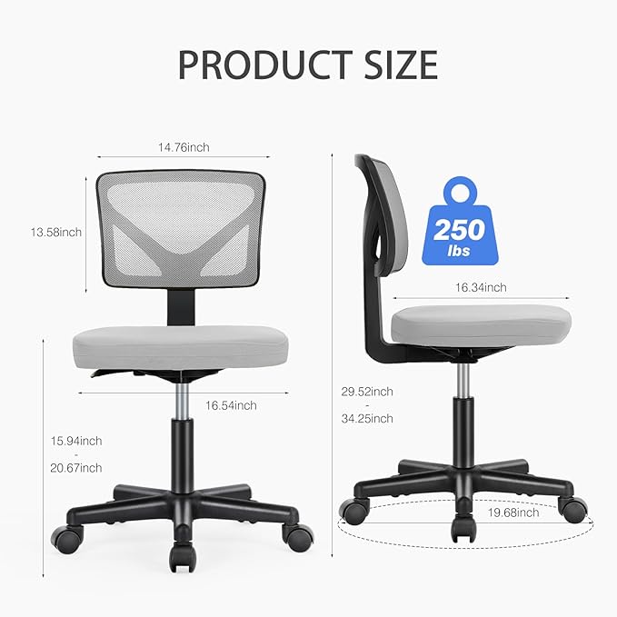 NEWBULIG Home Office Desk Chair, Armless Ergonomic Swivel Computer Chair with Wheels, Adjustable Height and Low-Back Mesh Design, Rolling Chair with Lumbar Support and Comfortable Seat, Grey