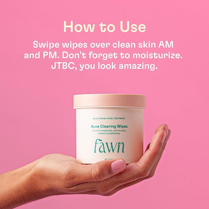 Fawn Acne Clearing Facial Toning Wipes with Salicylic Acid for Teen and Young Skin, Derm-formulated and Vegan, 60 Pads