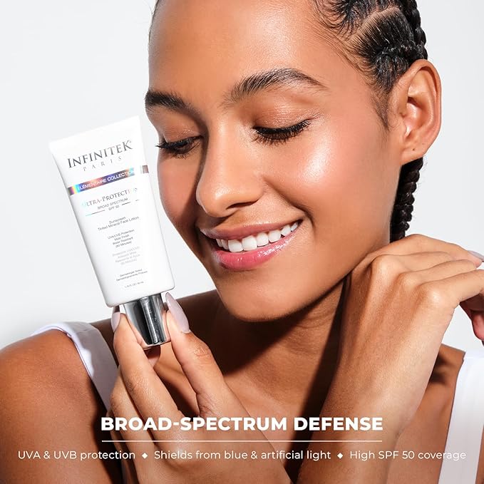 Infinitek Paris | Tinted Mineral Face Sunscreen SPF 50 | Galentine’s Gifts & Valentine’s Day Gifts for Women | UVA/UBV and Blue Light Protection, Matte Finish, Water Resistant | 1.75 fl oz / 50 ml