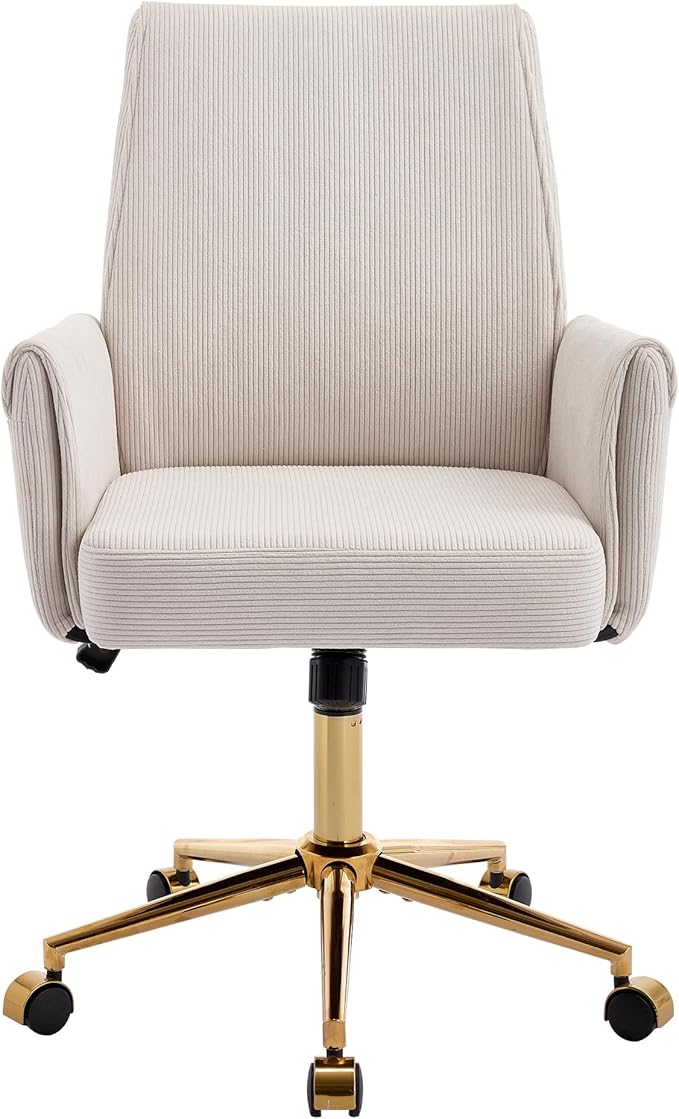 Stripes Velvet Home Office Desk Chair, Accent Upholstered Modern Height Adjustable Swivel Chair with Wheels,Ergonomic Task Chair for Living Room,Bedroom,Vanity,Study,Office（Cream）