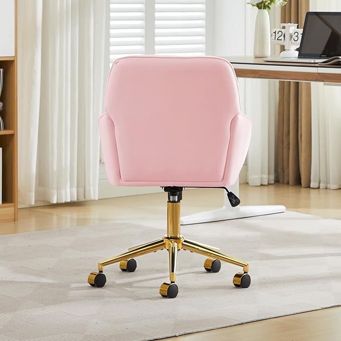 Velvet Home Office Desk Chair, Modern Cute Computer Task Chair with Back, Height Adjustable Upholstered Vanity Chair with Swivel Wheels for Women, Girls (Gold Base, Pink