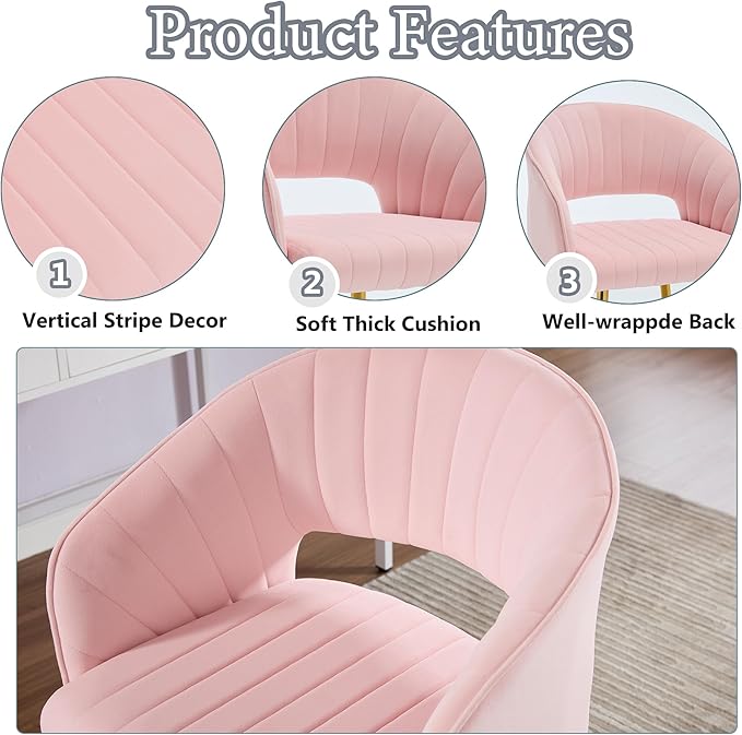 Modern Velvet Vanity Chair, Home Office Desk Chair with Hollow Back, Upholstered Dining Chair with Gold Metal Legs, Comfy Accent Armchair for Living Room Bedroom, Light Pink