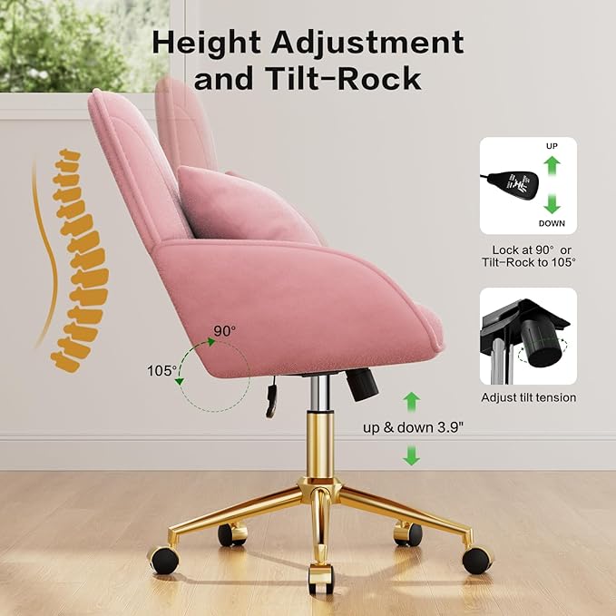 Home Office Desk Chair Comfy with Adjustable Swivel Wheels, Modern Velvet Makeup Vanity Chair with Back & Pillow, Ergonomic Office Chair Computer Task Chair for Living Room, Bedroom, Rose Pink