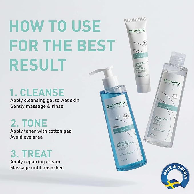 Complete Acne Treatment Routine, 3 Step Daily Routine with Foaming Cleanser, Revitalizing Toner & Sebum Control Cream, Dermatologocally & Clinically Tested, 2 Month Supply