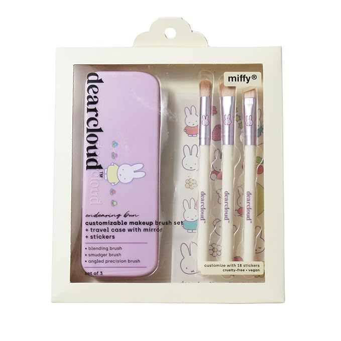 dearcloud Miffy Makeup Brush Set – Blending, Smudger & Angled Precision Brush with Travel Case, Mirror & Customization Stickers (Endearing Bun)