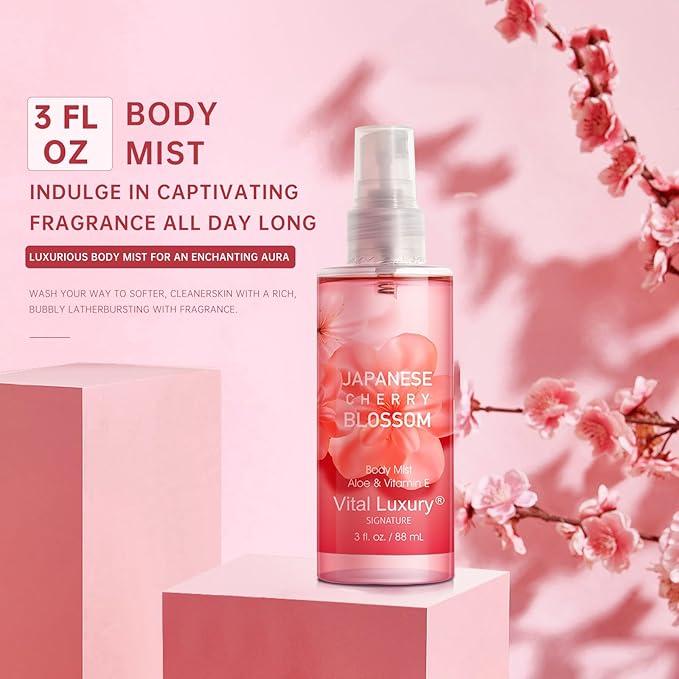 Bath and Body Gift Set – Japanese Cherry Blossom, Travel-Size Spa Kit with Gel, Lotion, Mist & Natural Extracts, Ideal for Birthday, Mother's Day & Christmas Gifts