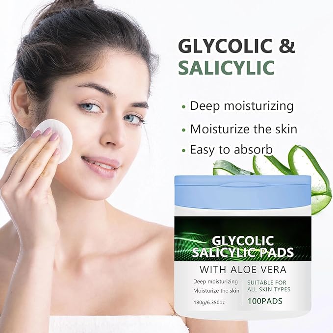 Glycolic Acid & Salicylic Acid Pads – Soft and Smooth Face Exfoliating Toner Pads with Aloe Vera – Hydrating Daily Use Pads for Sensitive Skin, 100 Count (1 Pcs)